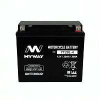 Аккумулятор для мотоцикла MYWAY (20 Ah) 300 A, 12 V Обратная, R+ YT20L-4 YT20L-4 (MYWAY)