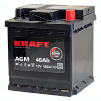 Аккумулятор KRAFT (40 Ah) 420 A, 12 V Обратная, R+ L0 AGM-L0
