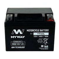 Аккумулятор для мотоцикла MYWAY (4 Ah) 50 A, 12 V Обратная, R+ YTX4L-BS YTX4L (MYWAY)