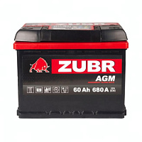 Аккумулятор Zubr AGM 60 Ah, 680 A, 12 V, Обратная полярность, R+, L2, 1014243