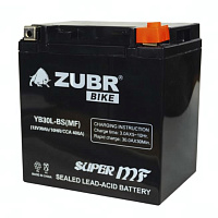 Аккумулятор для мотоцикла ZUBR (30 Ah) 400 A, 12 V Обратная, R+ YB30L-BS YB30L-BS (MF)ZUBR